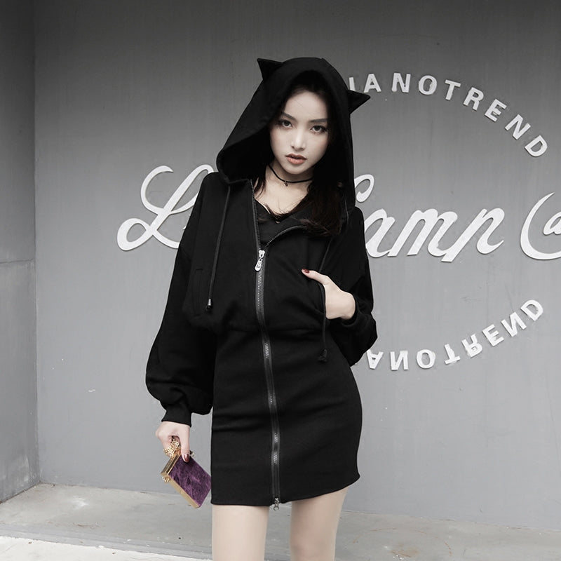 Kawaii Hoodie Harajuku Long Sweatshirt Women Black Punk Gothic Hoodies Hoody Ladies Zip-up 2018 Autumn Cute Ear Cat Hoodies