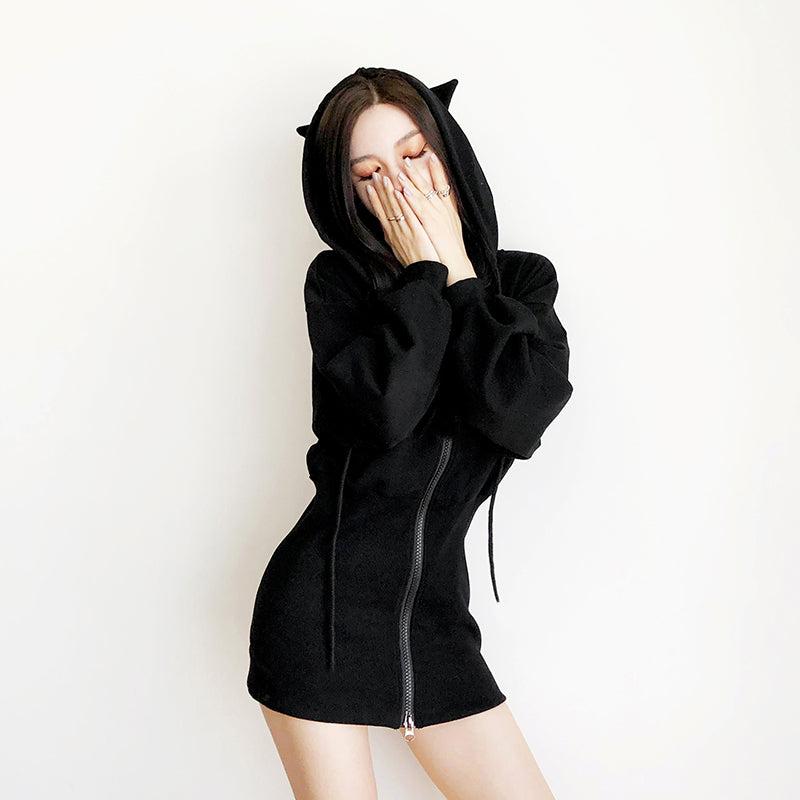 Kawaii Hoodie Harajuku Long Sweatshirt Women Black Punk Gothic Hoodies Hoody Ladies Zip-up 2018 Autumn Cute Ear Cat Hoodies