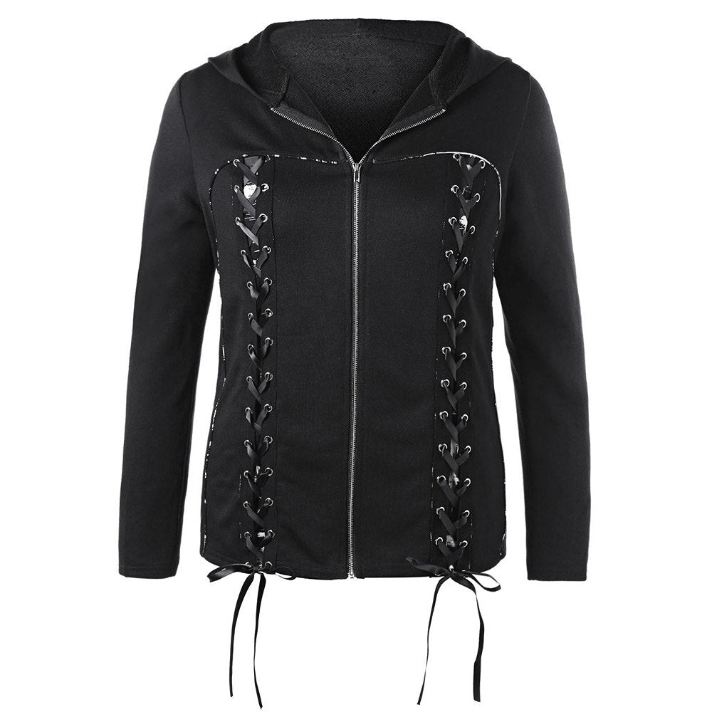 Autumn Women Double Lace-up Zip Up Hooded Coat Plus Size 3XL Fashion Black Elastic Jackets Casual Female Outwear Tops