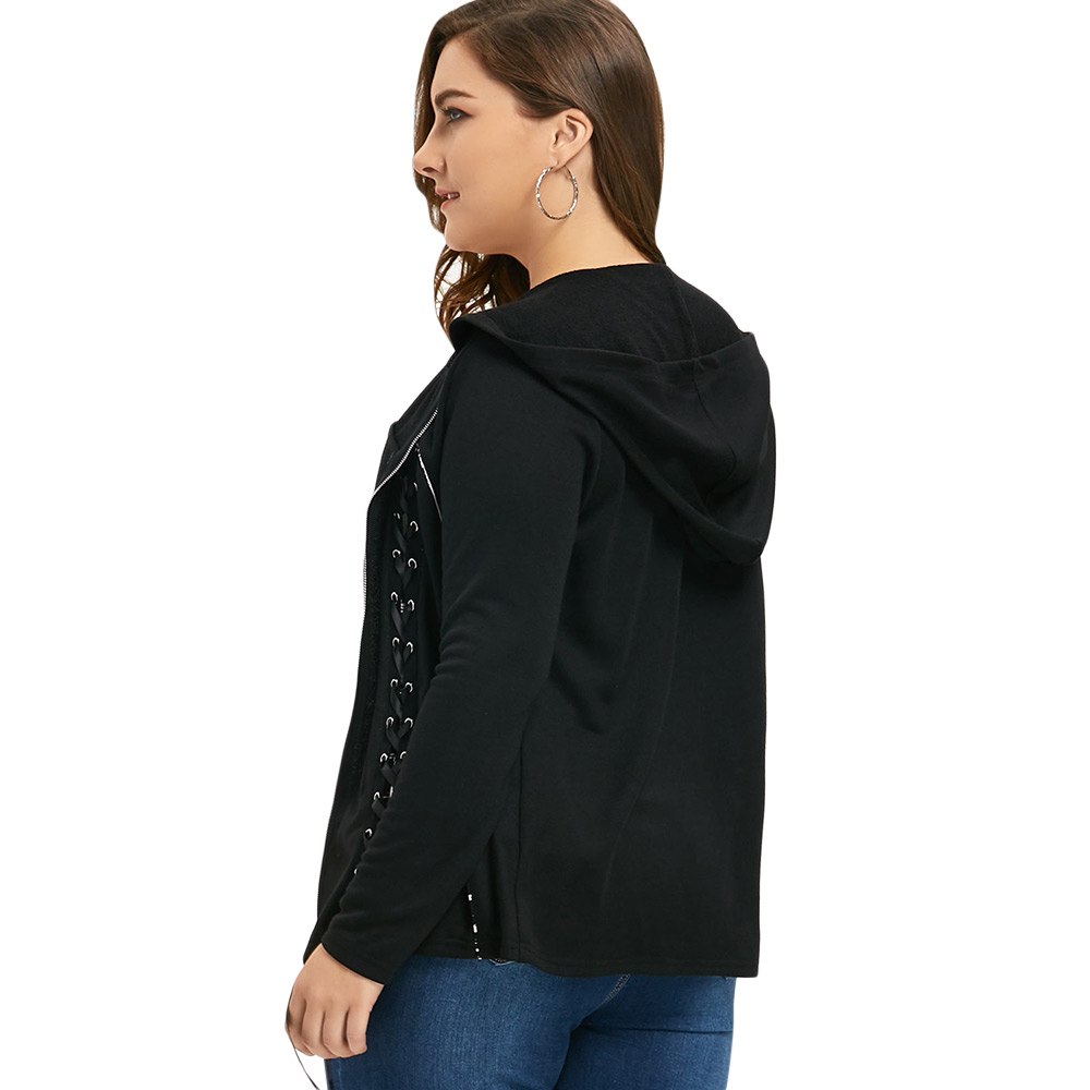 Autumn Women Double Lace-up Zip Up Hooded Coat Plus Size 3XL Fashion Black Elastic Jackets Casual Female Outwear Tops