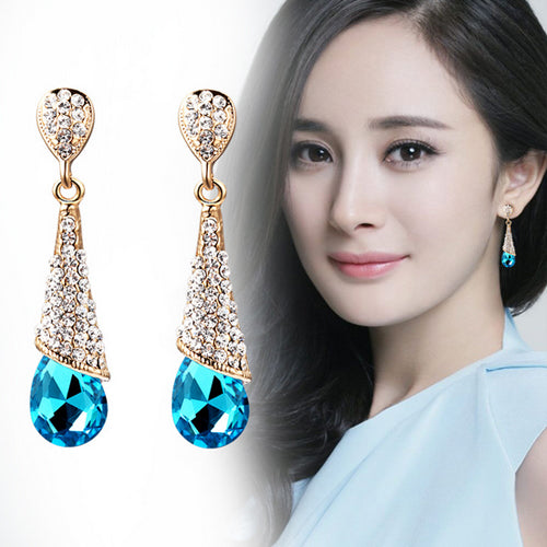 Fashion Luxury Rhinestone Crystal Water Drop Long Earrings Jewelry Bride Wedding Earrings Non Pierced Ear Clip Ear Cuff