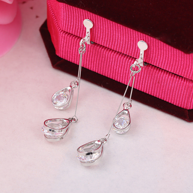 Water drop droplet clip on Earrings long Zircon Earrings ear clip non pierced earrings Korean luxury fashion jewelry