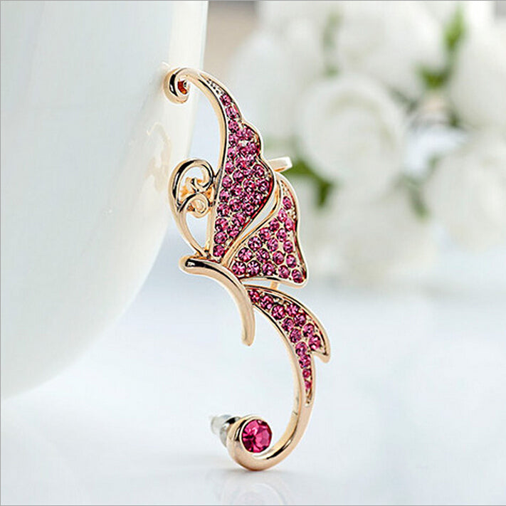 New Fashion Fine Jewelry Gold Color Full Rhinestone Elves Butterfly Ear Clip Single Left ear Earrings For Women E-138