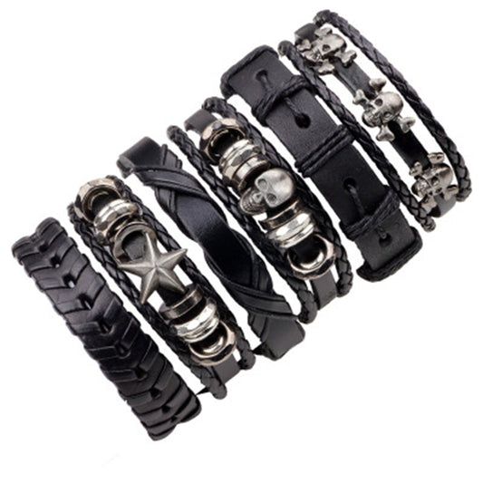 1Set/5-6PCs Punk Rock Skull Star Multi Charm Bracelet For Women Men Gothic Jewelry Braided Rope Leather Bracelet Men