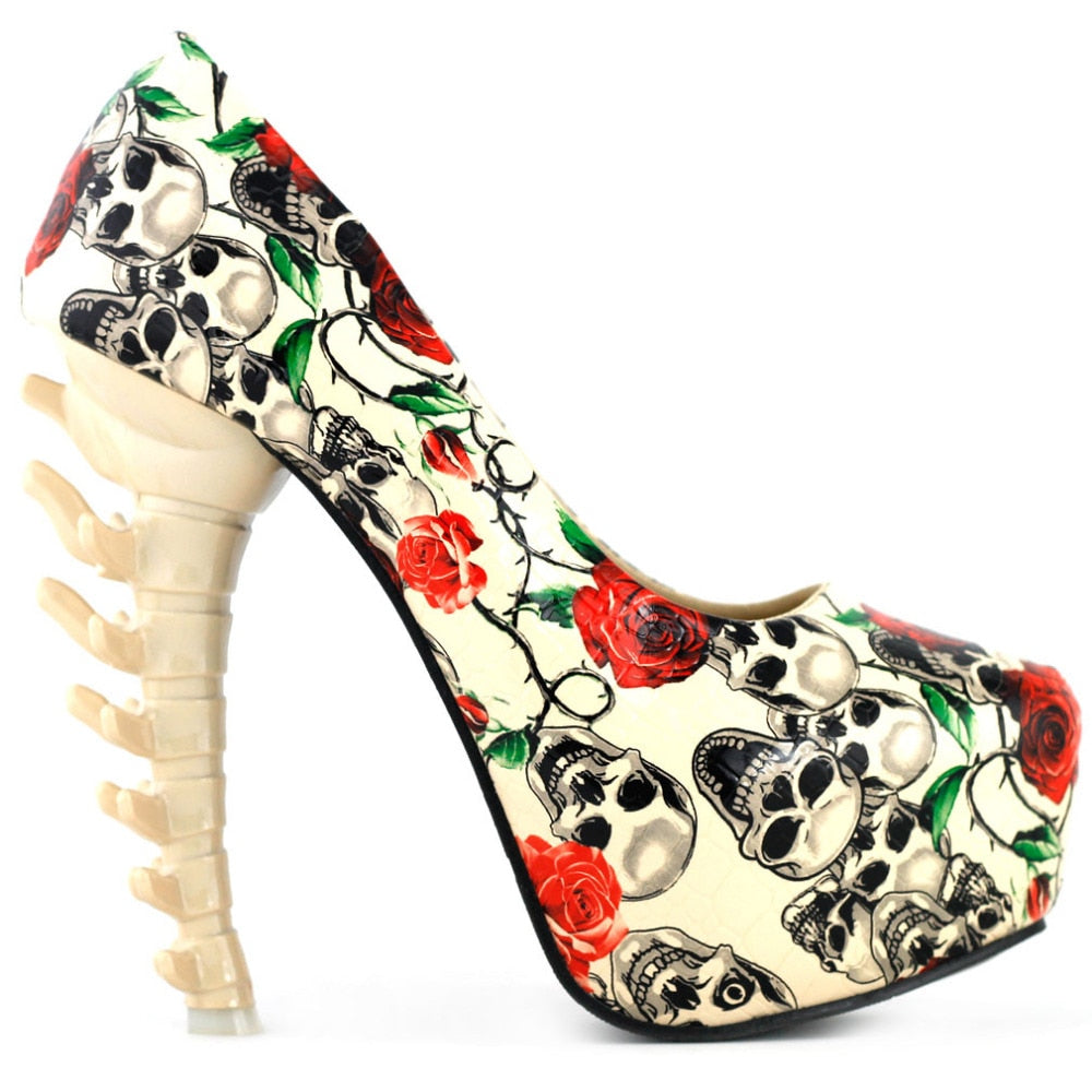 Beige Skull Rose Print Platform Bone Heel Party Club Pumps