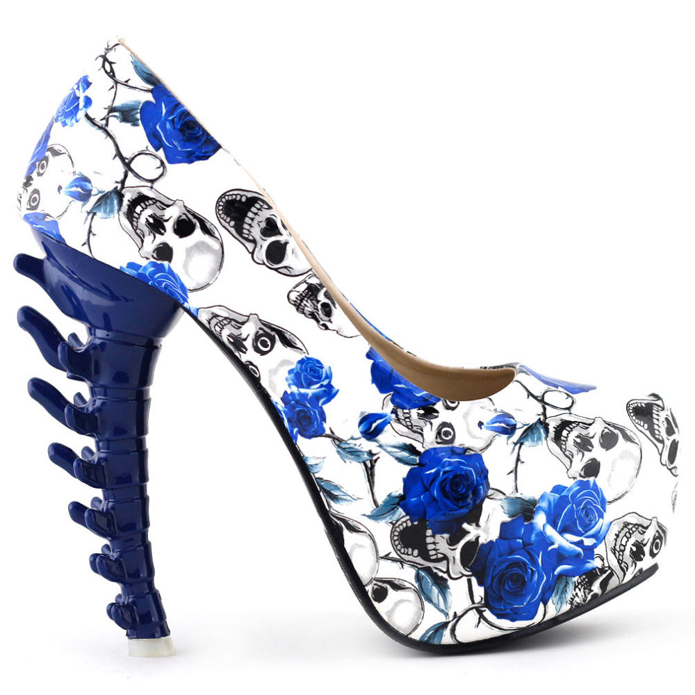 Beige Skull Rose Print Platform Bone Heel Party Club Pumps