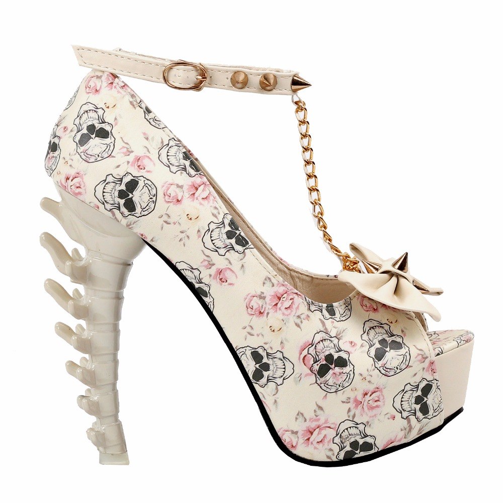 Beige Skull Rose Print Studs Chain Peeptoe Bone Heel Pumps Size  4/5/6/7/8/9/10