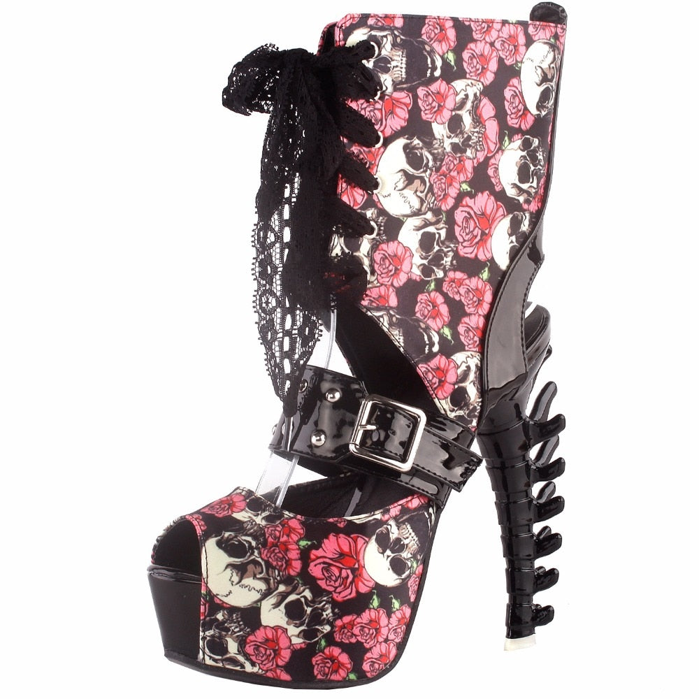 Punk Skull Rose Print Stud Buckle Lace Bone Heel Club Ankle Boo0tie Sandals