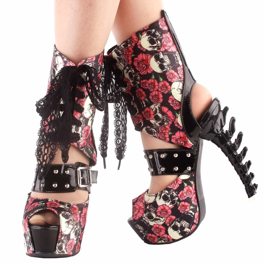 Punk Skull Rose Print Stud Buckle Lace Bone Heel Club Ankle Boo0tie Sandals