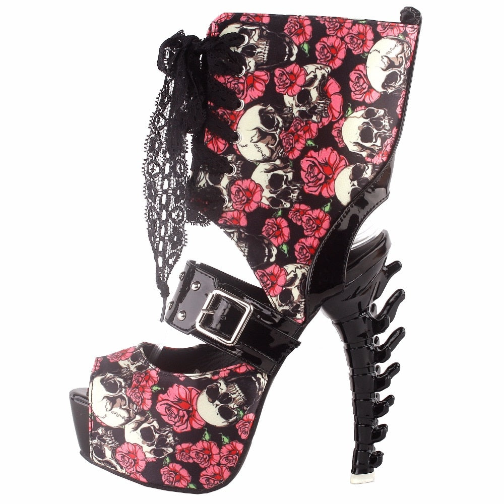 Punk Skull Rose Print Stud Buckle Lace Bone Heel Club Ankle Boo0tie Sandals