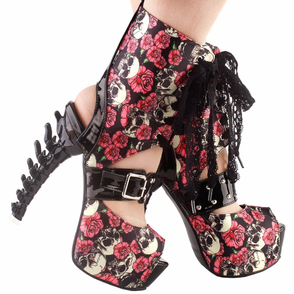 Punk Skull Rose Print Stud Buckle Lace Bone Heel Club Ankle Boo0tie Sandals