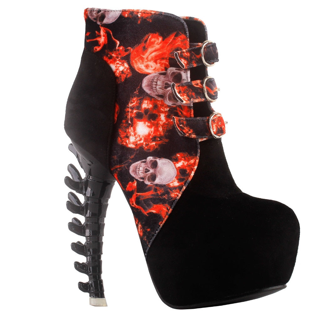 Black Skull In Fire Strappy Buckle High Top Bone High Heel Platform Ankle Boots