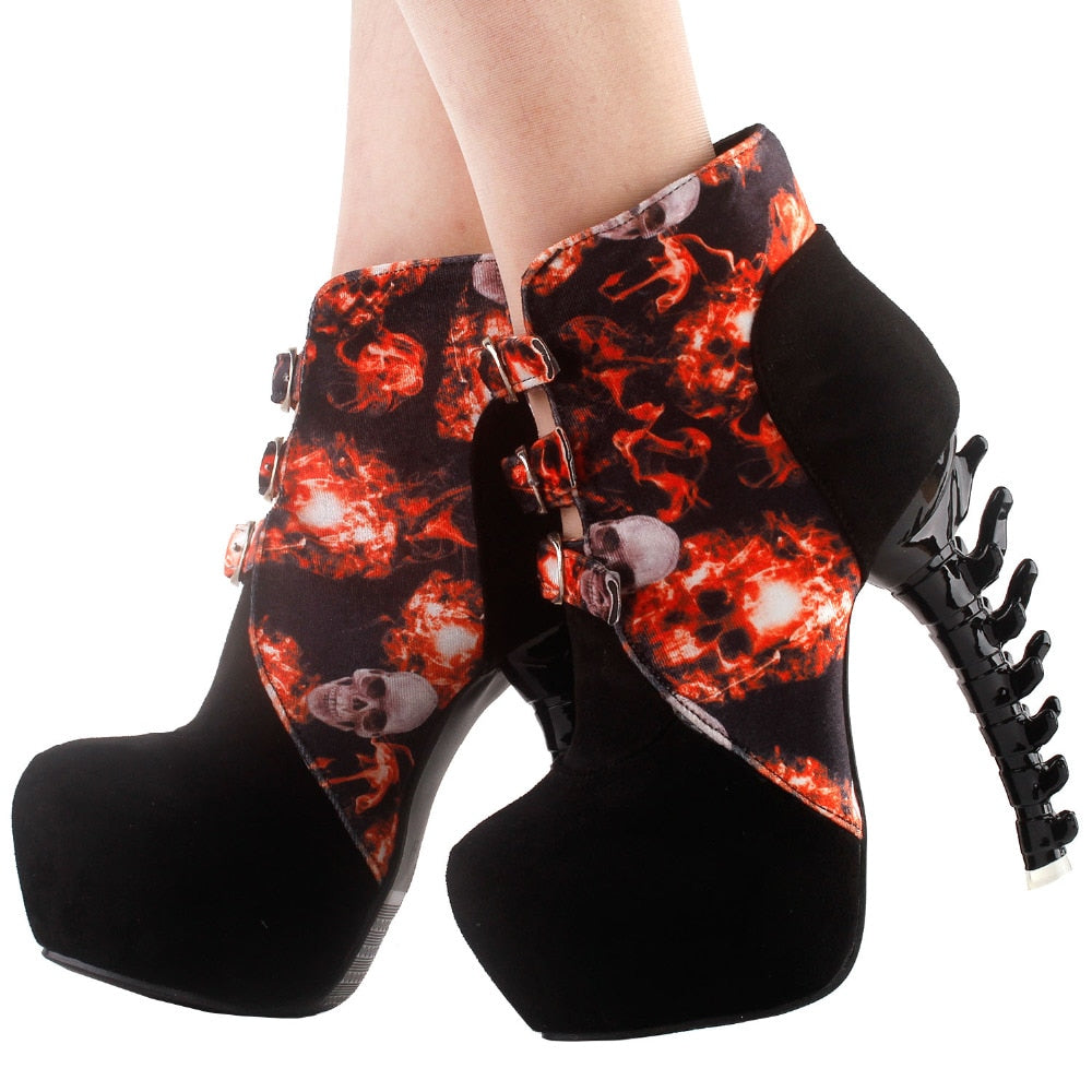 Black Skull In Fire Strappy Buckle High Top Bone High Heel Platform Ankle Boots