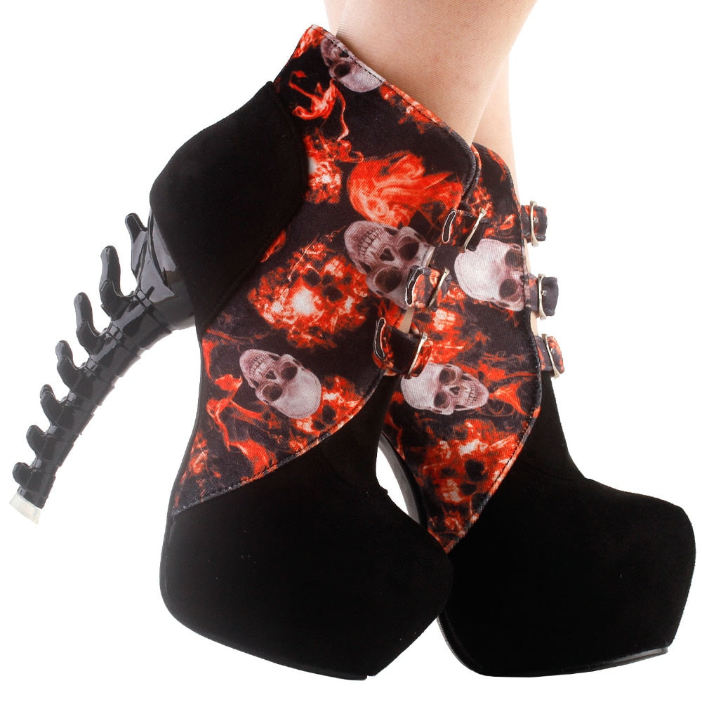 Black Skull In Fire Strappy Buckle High Top Bone High Heel Platform Ankle Boots