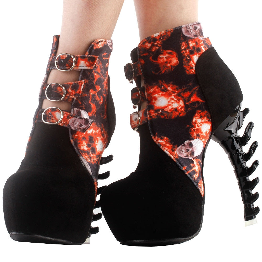 Black Skull In Fire Strappy Buckle High Top Bone High Heel Platform Ankle Boots