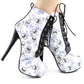 Sexy Blue Skull Floral Black Lace Up Gothic Club Ankle Boots