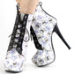 Sexy Blue Skull Floral Black Lace Up Gothic Club Ankle Boots