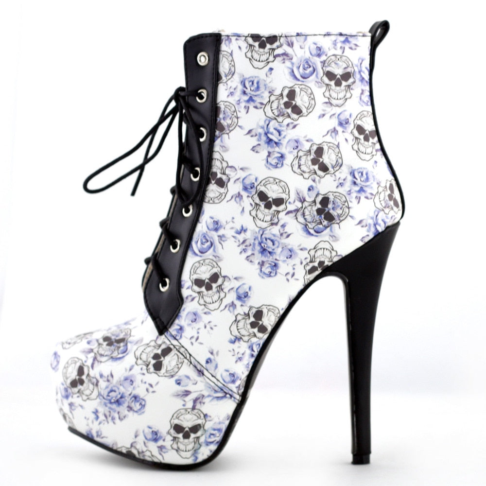 Sexy Blue Skull Floral Black Lace Up Gothic Club Ankle Boots