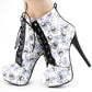 Sexy Blue Skull Floral Black Lace Up Gothic Club Ankle Boots