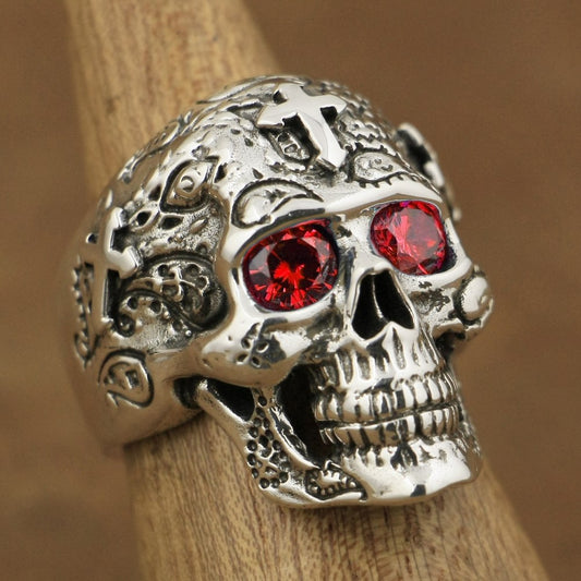 925 Sterling Silver High Detail Skull Cross Red CZ Eyes Men Biker Ring