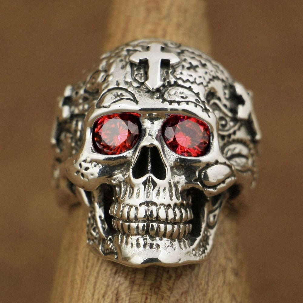 925 Sterling Silver High Detail Skull Cross Red CZ Eyes Men Biker Ring