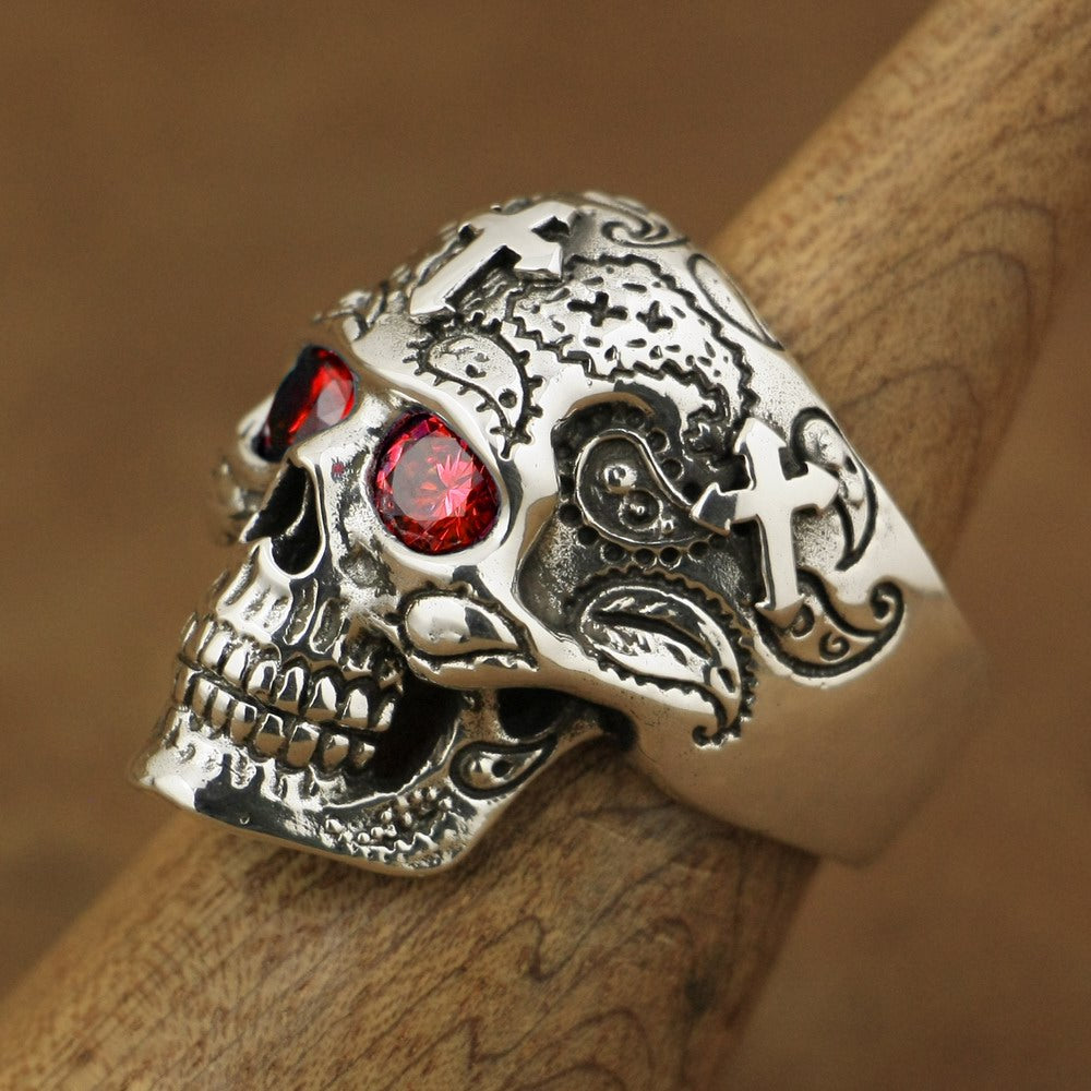 925 Sterling Silver High Detail Skull Cross Red CZ Eyes Men Biker Ring