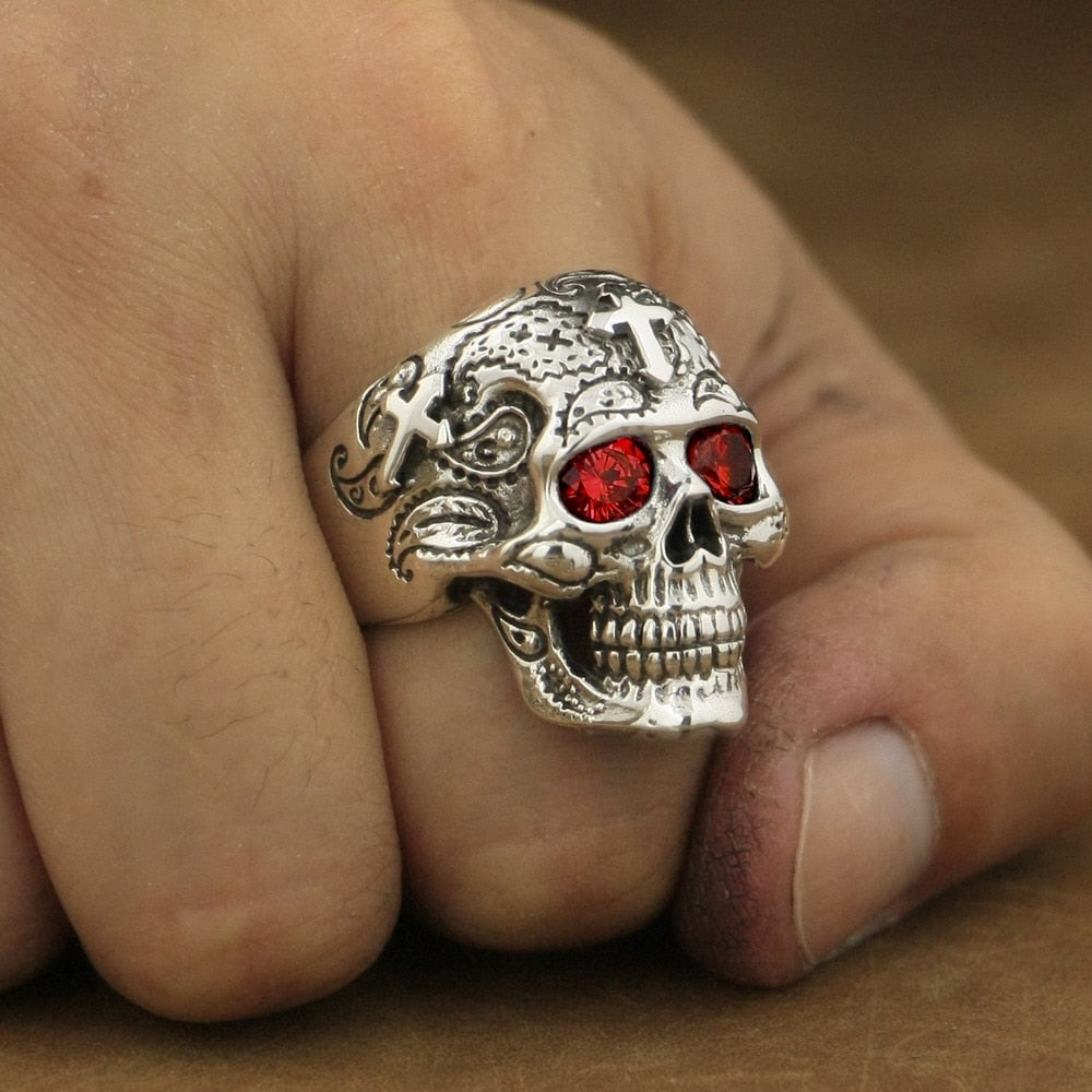 925 Sterling Silver High Detail Skull Cross Red CZ Eyes Men Biker Ring