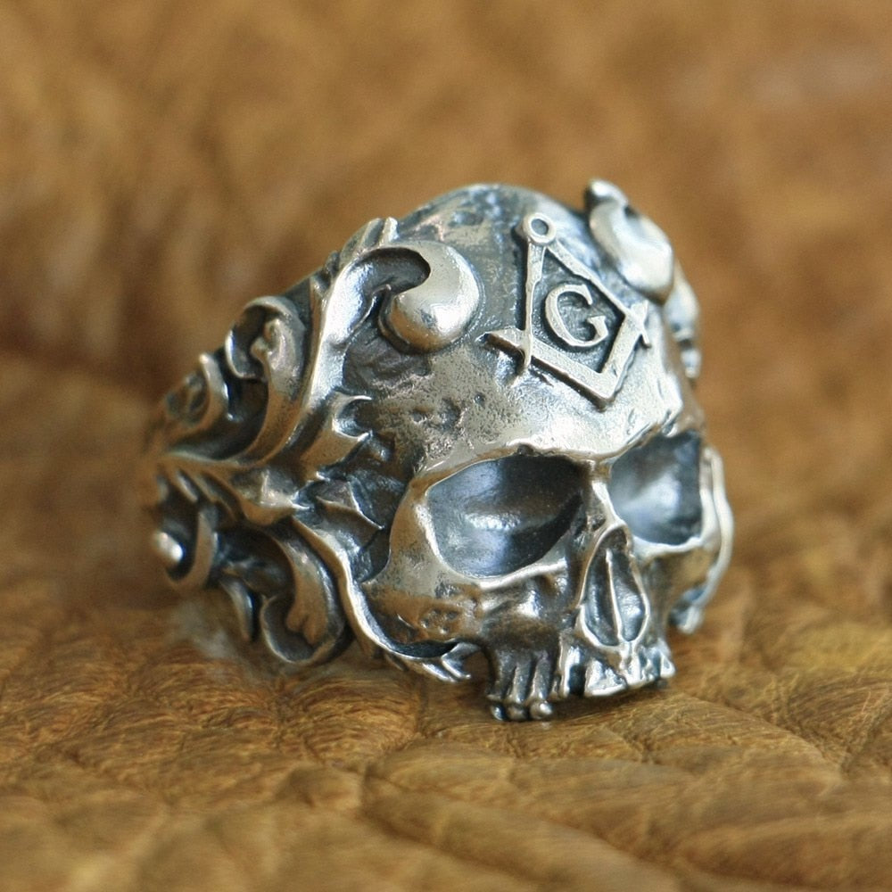 925 Sterling Silver Masonic Skull Ring Mens Biker Punk Ring TA116 US Size 7~15