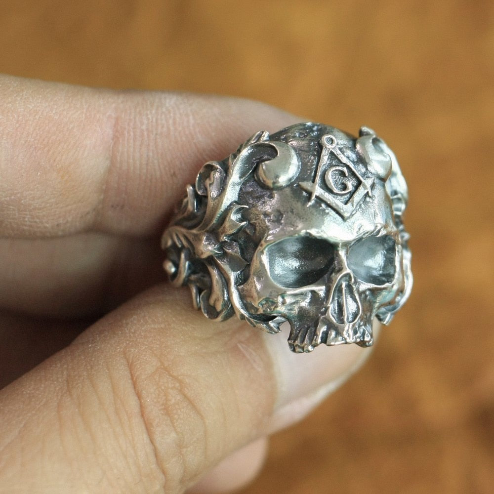 925 Sterling Silver Masonic Skull Ring Mens Biker Punk Ring TA116 US Size 7~15