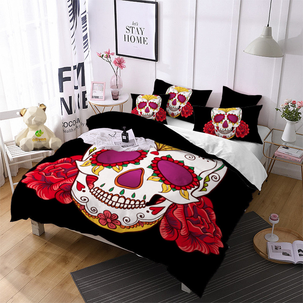 Ladies Sugar Skull Bedding Set Red Flowers Print Duvet Cover Bed Linens Sheet Cover Pillowcase Home Decor Quilt Cover D45