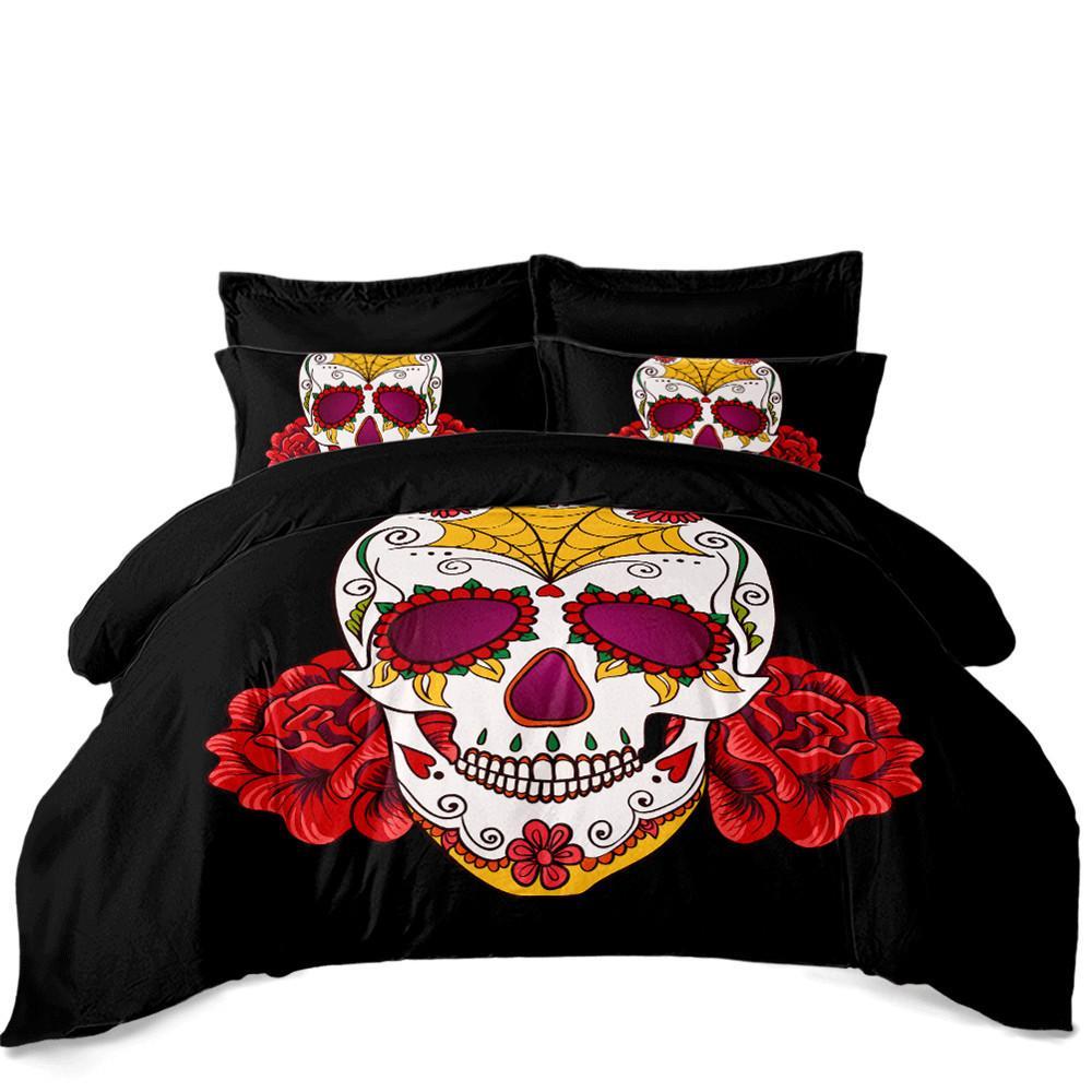 Ladies Sugar Skull Bedding Set Red Flowers Print Duvet Cover Bed Linens Sheet Cover Pillowcase Home Decor Quilt Cover D45