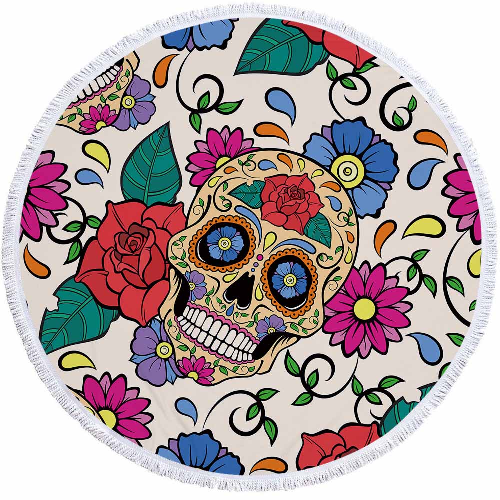 Sugar Skull Round Beach Towel For Adults Rose Flowers
