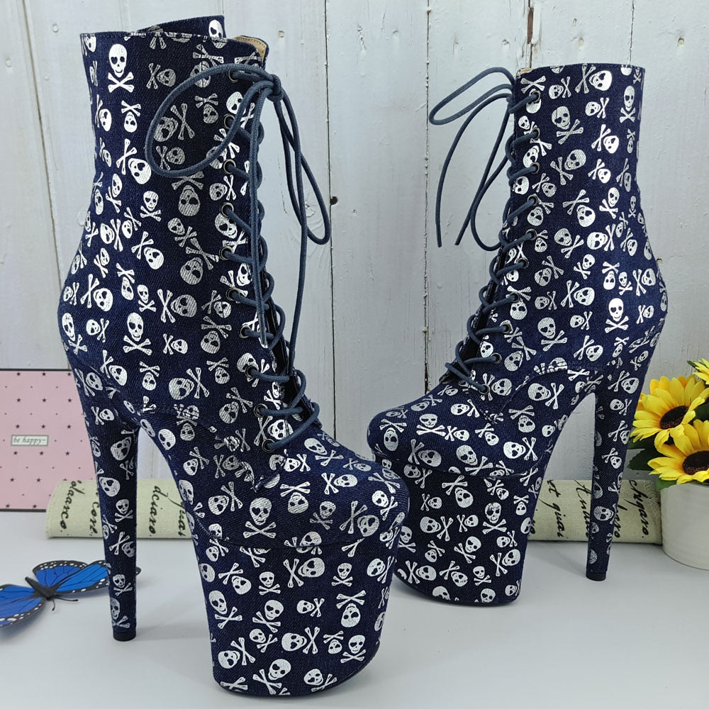 Leecabe  Skull printing demin 20CM/8inches Pole dancing shoes High Heel platform Boots closed toe Pole Dance boots|Mid-Calf Boots|