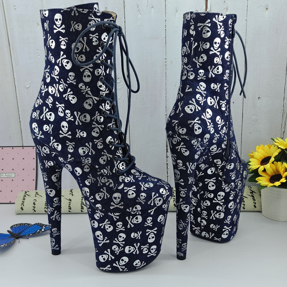 Leecabe  Skull printing demin 20CM/8inches Pole dancing shoes High Heel platform Boots closed toe Pole Dance boots|Mid-Calf Boots|