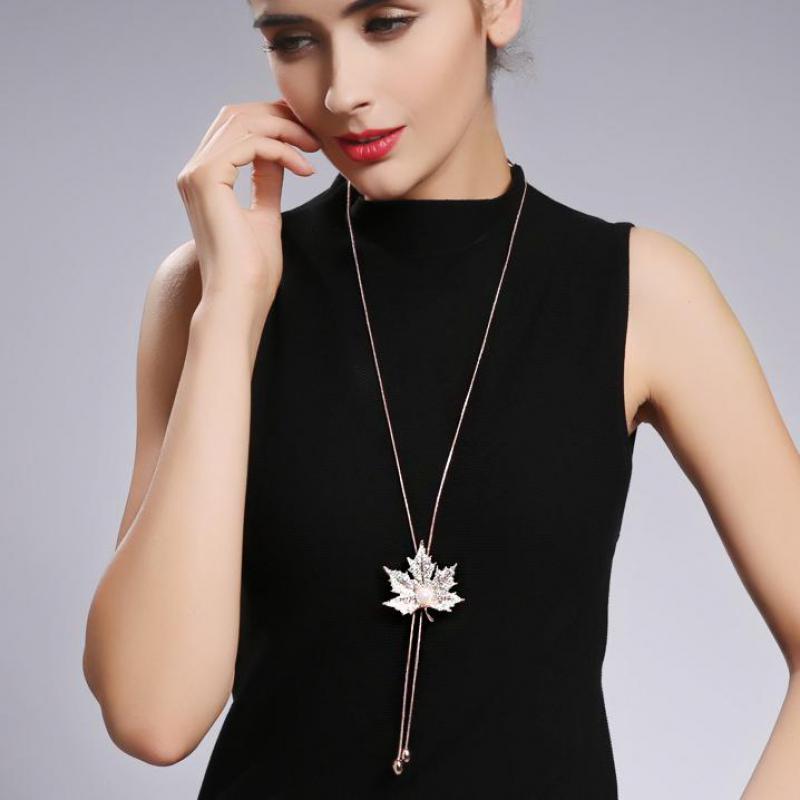 Long Necklaces Sweater Chain Fashion Fine Metal Chain Crystal Rhinestone Flower Leaves Pendant Necklace Pearl Jewelry