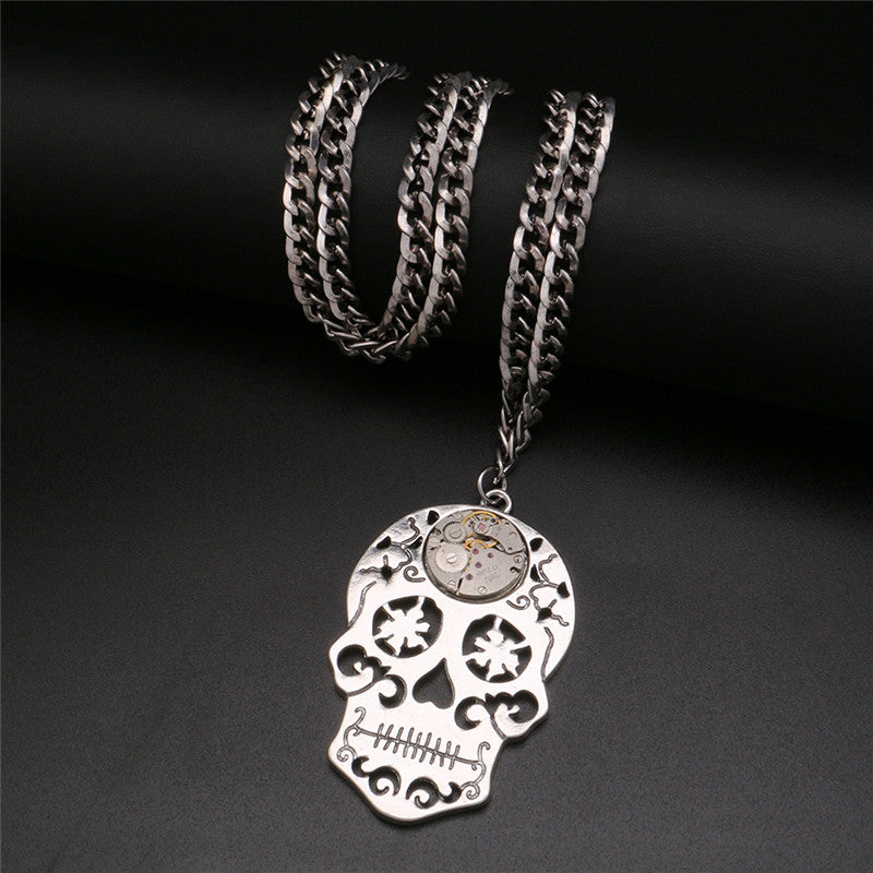 Vintage Skull Head Pendant Necklaces Men Steampunk Watch Parts Gear Movements Necklace Long Chains Women Jewelry
