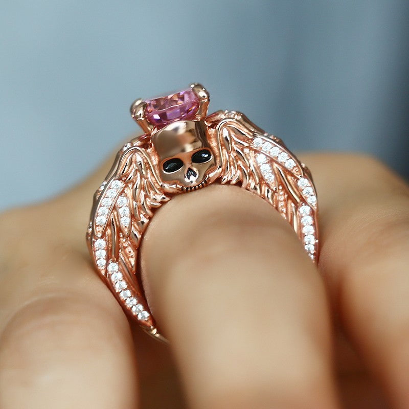 Luxury Rose Gold Ring Engagement Skull Angel Wings Rings For Women Gothic Red Cystal Wedding Band Bridal Accessory Jewelry
