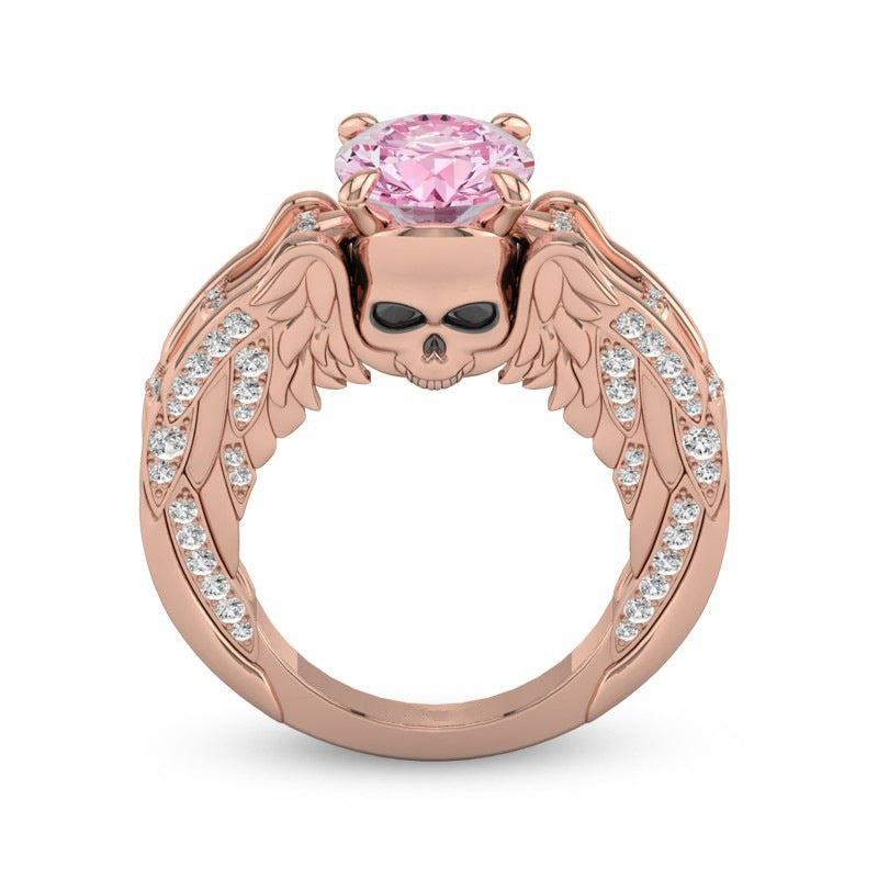 Luxury Rose Gold Ring Engagement Skull Angel Wings Rings For Women Gothic Red Cystal Wedding Band Bridal Accessory Jewelry