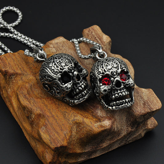 Hiphop Jewelry Stainless Steel Skull Head Rhinstone Eye Pendant Link Chain Necklace Bikers Heavy Metal Jewelry Gifts 2MJ