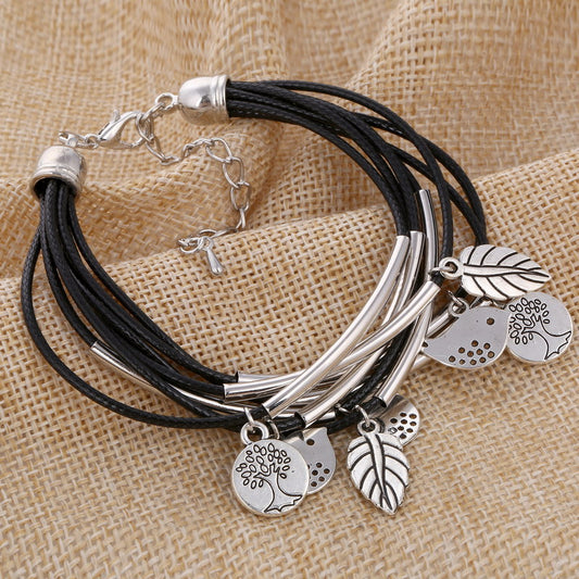 Black/Brown/Beige Colors Multi Layers Leather Bracelet Women Handmade Charm Bangle Mini Birds Pendant Wrist Bracelet