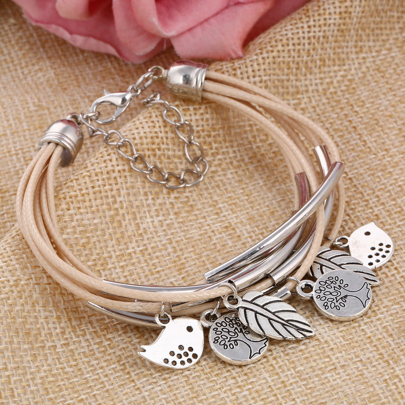 Black/Brown/Beige Colors Multi Layers Leather Bracelet Women Handmade Charm Bangle Mini Birds Pendant Wrist Bracelet