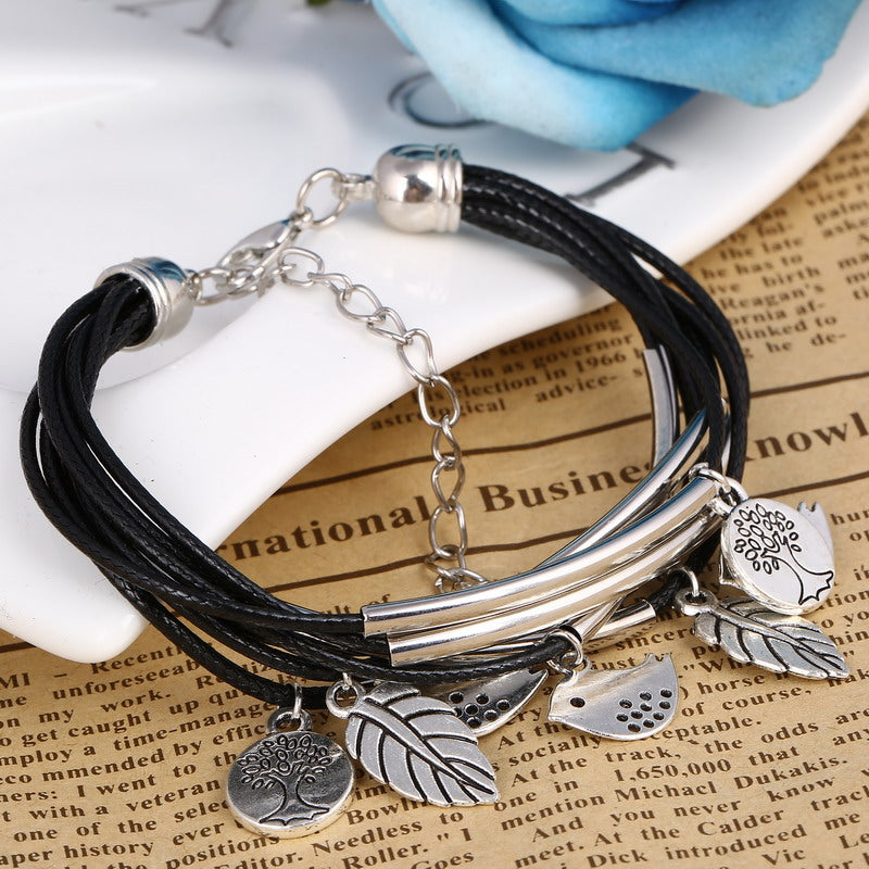 Black/Brown/Beige Colors Multi Layers Leather Bracelet Women Handmade Charm Bangle Mini Birds Pendant Wrist Bracelet