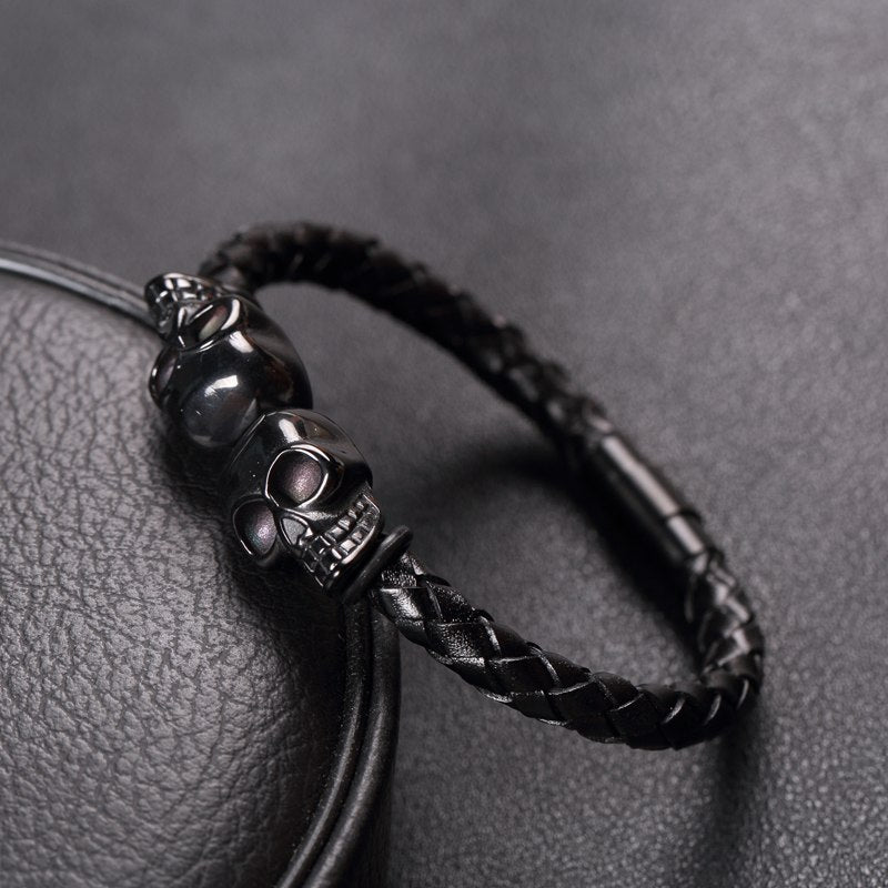 Fashion Men Jewelry Black Braided Leather Bracelets Men Stainless Steel Leahter Bracelets Cool Skull Bracelets Men Bracelet