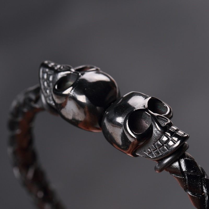 Fashion Men Jewelry Black Braided Leather Bracelets Men Stainless Steel Leahter Bracelets Cool Skull Bracelets Men Bracelet