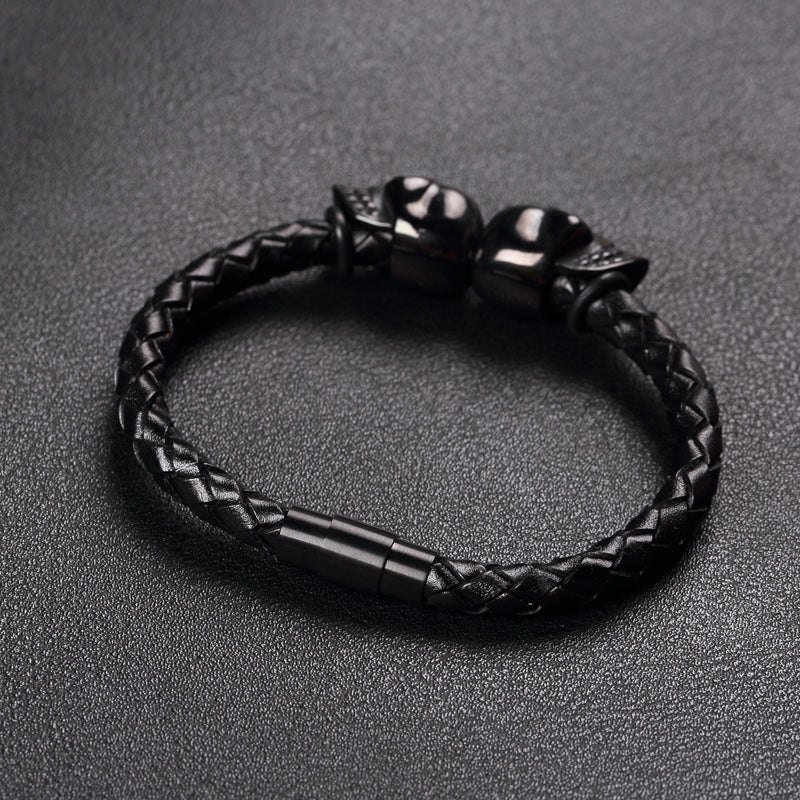 Fashion Men Jewelry Black Braided Leather Bracelets Men Stainless Steel Leahter Bracelets Cool Skull Bracelets Men Bracelet