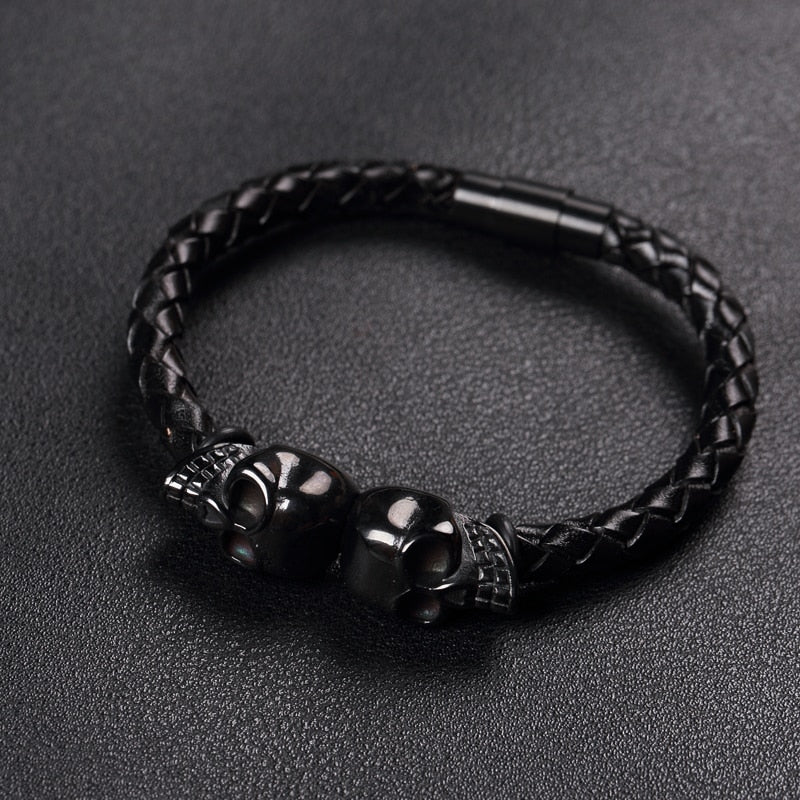 Fashion Men Jewelry Black Braided Leather Bracelets Men Stainless Steel Leahter Bracelets Cool Skull Bracelets Men Bracelet