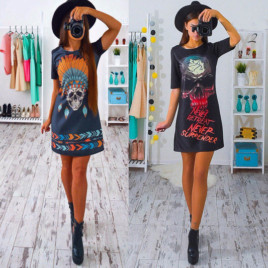 Unique design personality Summer Casual Loose Mini Dress Lady stylish sexy Skull