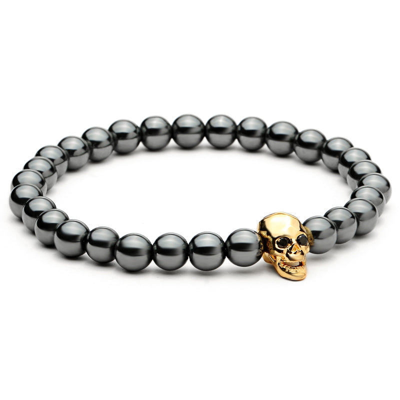 Black Hematite Stone Bead Bracelet Male Skull Charms Bracelet & Bangle Men Bijoux Nature Stone man bracelets bangles