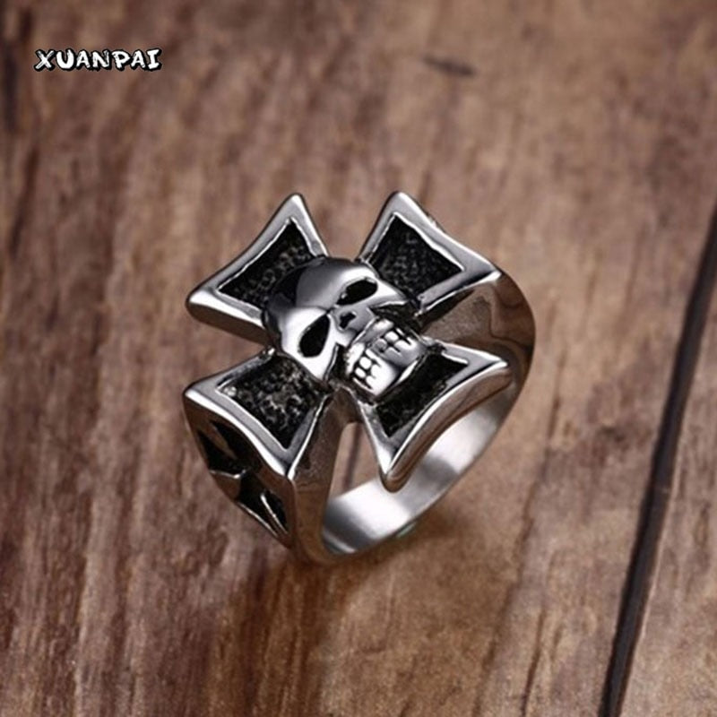 Male Rings in Silver Tone Stainless Steel Hell Rider Iron Cross with Skull Jewels For Men Gothic Punk Rock Party Biker Jewelry