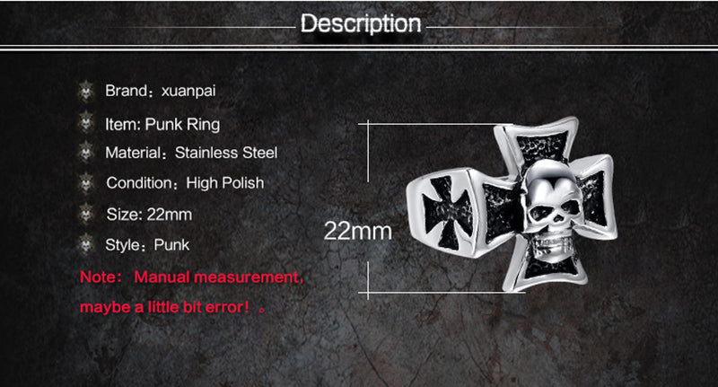 Male Rings in Silver Tone Stainless Steel Hell Rider Iron Cross with Skull Jewels For Men Gothic Punk Rock Party Biker Jewelry